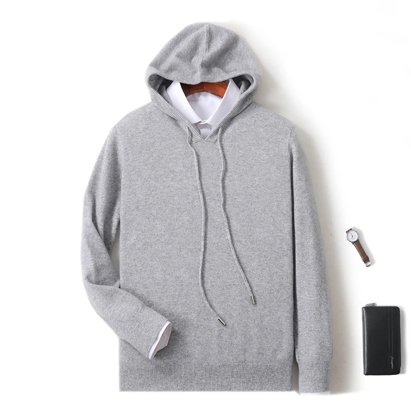 เสื้อสเวตเตอร์มีฮู้ดผู้ชายแบบใหม่สำหรับฤดูใบไม้ร่วงและฤดูหนาว ทรงหลวมและเข้ารูป ผ้าขนสัตว์ถักสีพื้น เสื้อซับใน