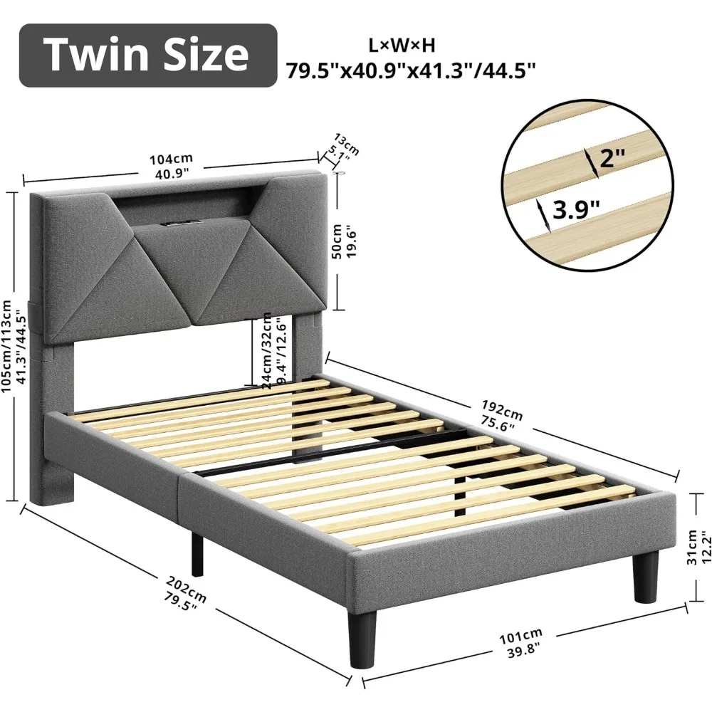 ANCTOR Twin Bed Frame with Storage Headboard and Charging Station, LED Lights Upholstered Platform Bed, Heavy Duty Steel Support