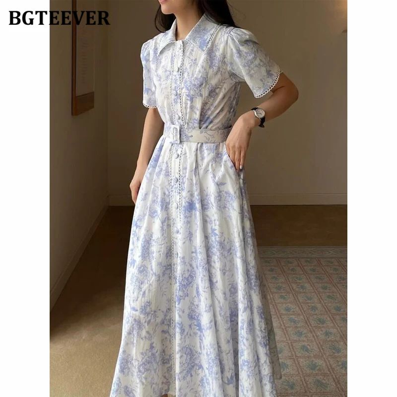 BGTEEVER Elegant Lapel Floral Printed Dress for Women Vintage Short Sleeve Belted SlimWaist  A-line Dress Female Summer Vestidos