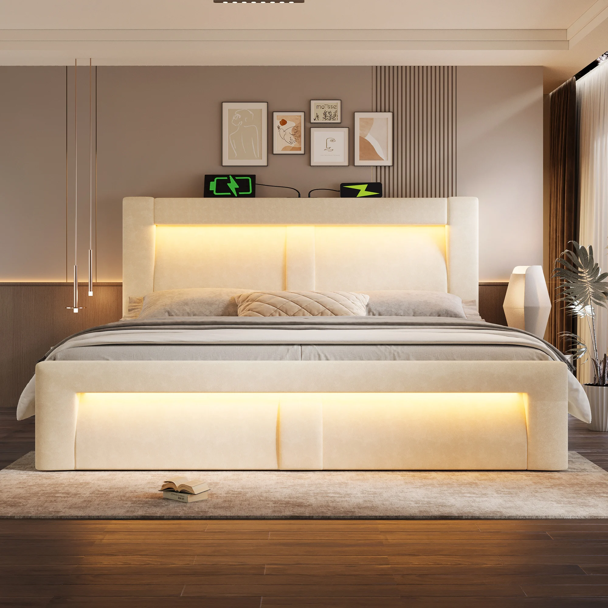 KOMHTOM Samt Doppelbett mit hydraulischem Stauraum LED Beleuchtung, USB und Type C ohne Matratze