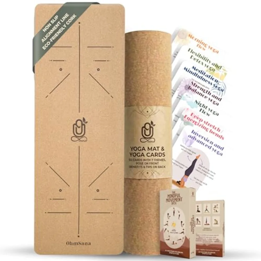 

Natural Cork Yoga Mat with Alignment Lines and 55 Instructional Cards in 7 Themes for Beginner - Non-Slip Eco Friendly - 183x66