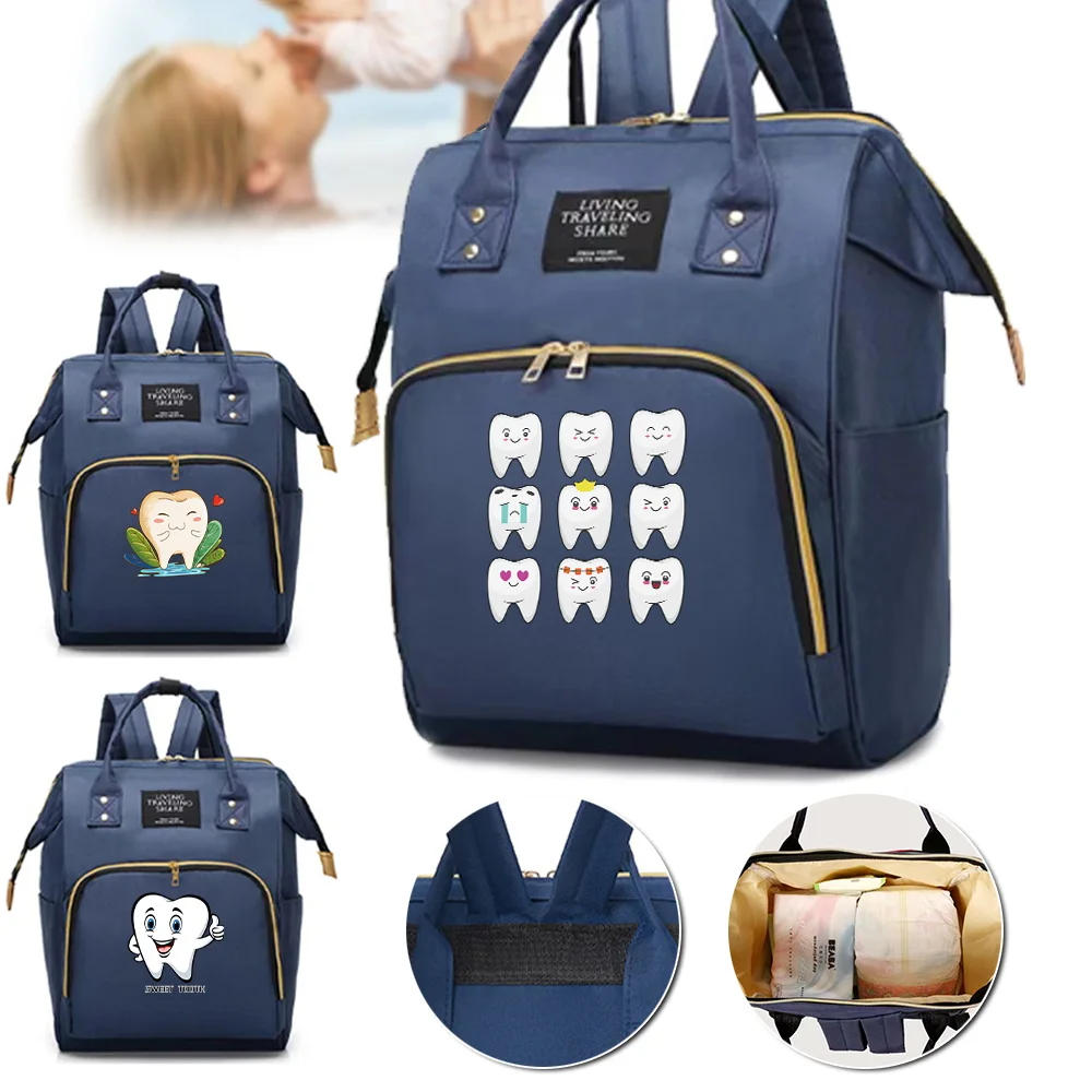 

Mommy Pack Teeth Print Large Capacity Multifunctional Compartments Backpack Portable Casual Travel Storage Double Shoulder Bag