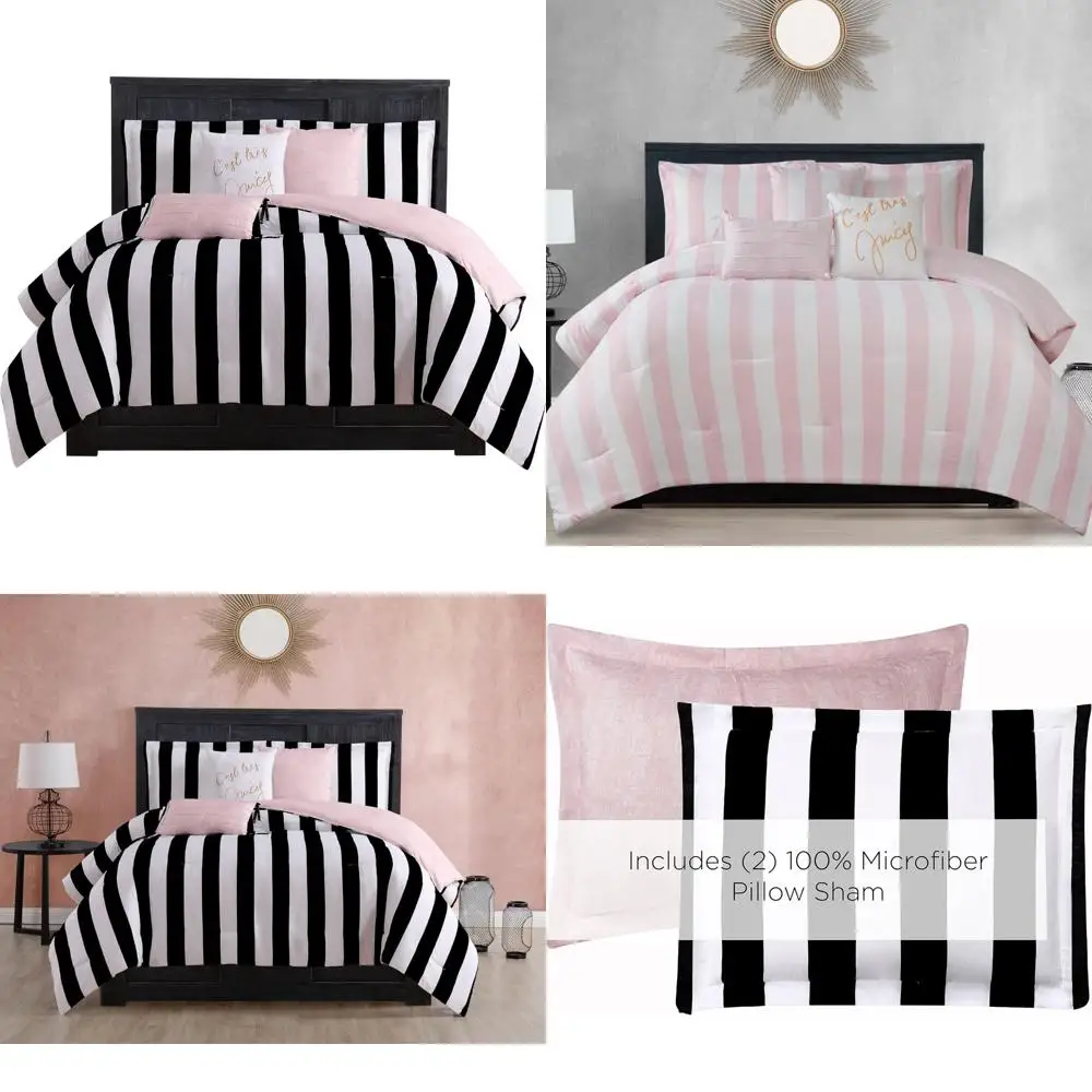 

Juicy Couture Cabana Stripe Reversible Queen Bedding Set - 6-Piece in Black and White Stripe