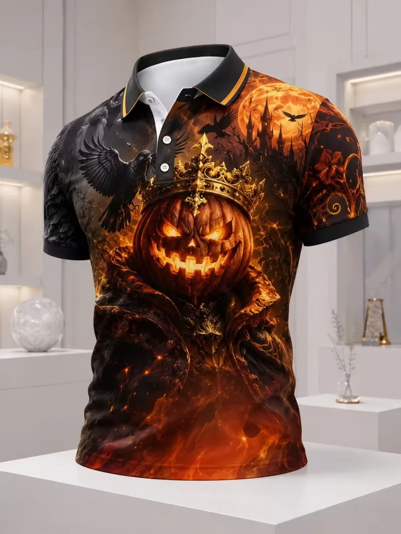 Men Halloween Pumpkin King Polo Shirt Crown Jack‑O‑Lantern Raven Haunted Castle Fire Flame Short Sleeve polo Tops