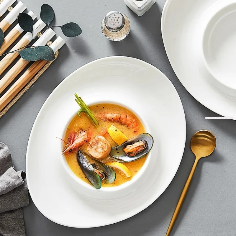 White Ceramic Irregular Shaped Dish Dumpling Plate Hotel Restaurant Soup Chinese Tableware Kitchen Cold Salad