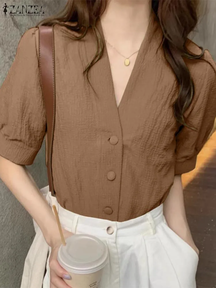 

ZANZEA Women Puff Half Sleeve Blouse Fashion V-neck Loose Shirt Casual Summer Buttons Tops 2024 Vintage Simple Korean Tunics