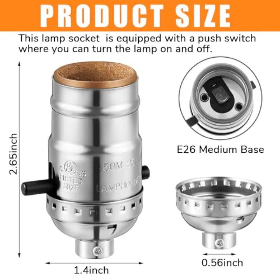 6 Pack Ul Listed Lamp Socket, E26 Threaded Lamp Sockets Replacement with On/Off, Medium Screw Push Socket, Lamps Parts for Floo