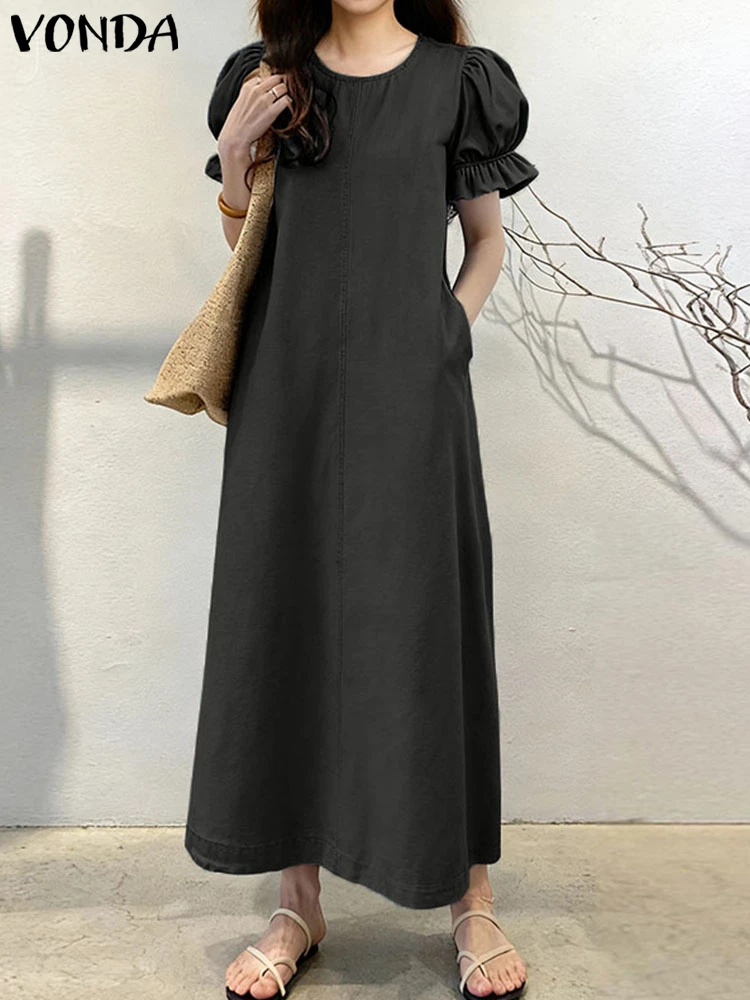 Vonda Mode Vrouwen Jurken 2023 Zomer Korte Mouw Casual Solid Maxi Zonnejurk Losse Party Lange Vestidos Gewaad Plus Size 5XL