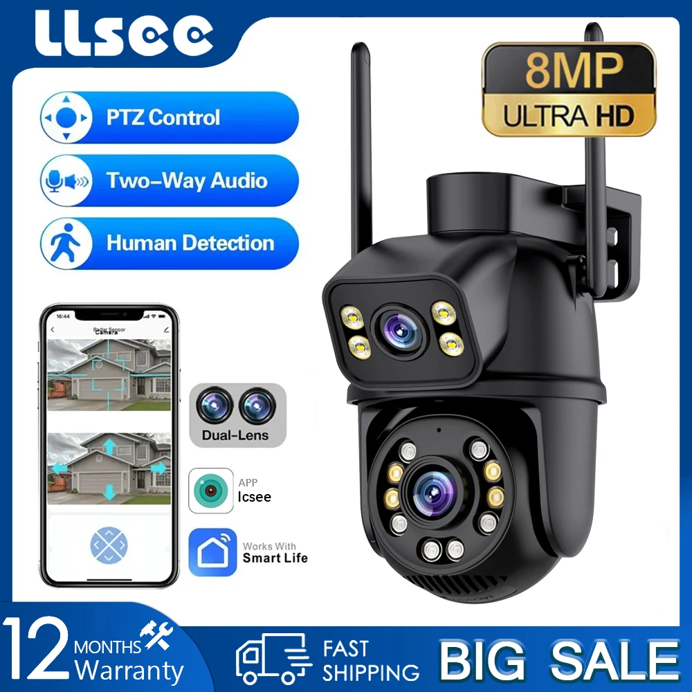 LLSEE 8MP. Dual lens CCTV wireless WIFI outdoor monitoring camera connected to pan tilt IP camera waterproof. Two way audio