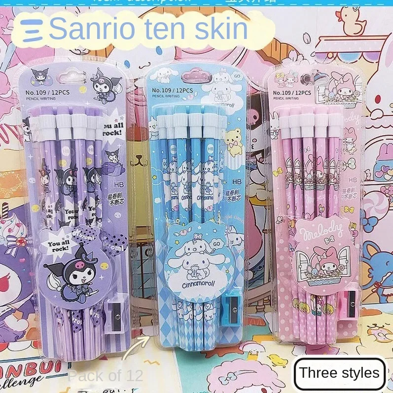 Sanrio Kuromi HB Pencils 12 Pencils & 1 Pencil Roller Stationery Box Set, Student Writing Drawing HB Pencils Sketch Pens