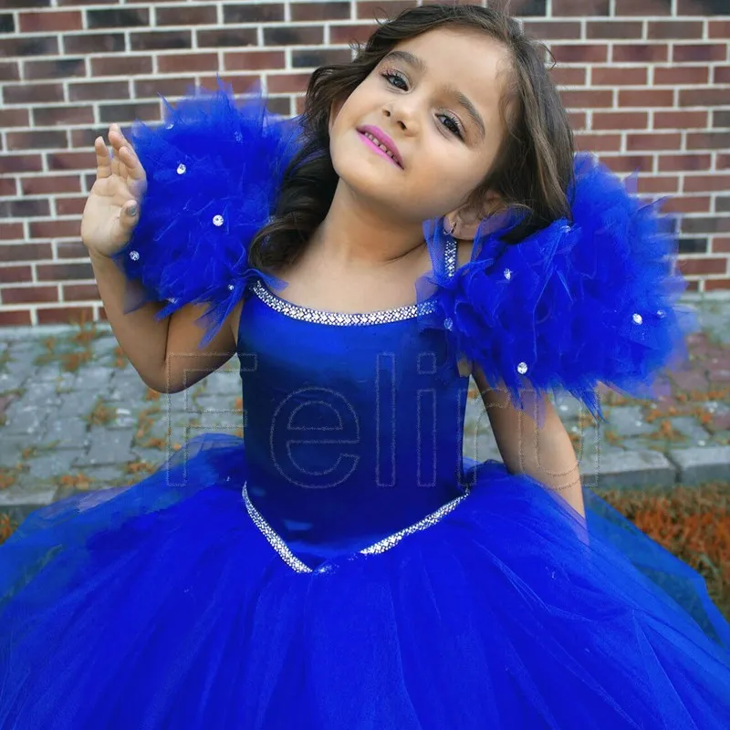 Plus Size 0-16Y Royal Blue Tulle Flower Girl Dress Beads Birthday Baby Wedding Party Gowns First Comunion Customes