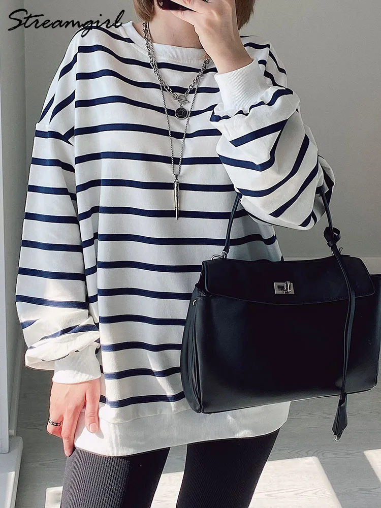 Striped Oversized Sweatshirt Women Cotton Autumn Loose Long Sleeve Tops Casual Red Stripe Women\'s Sweatshirts Oversized Pullover