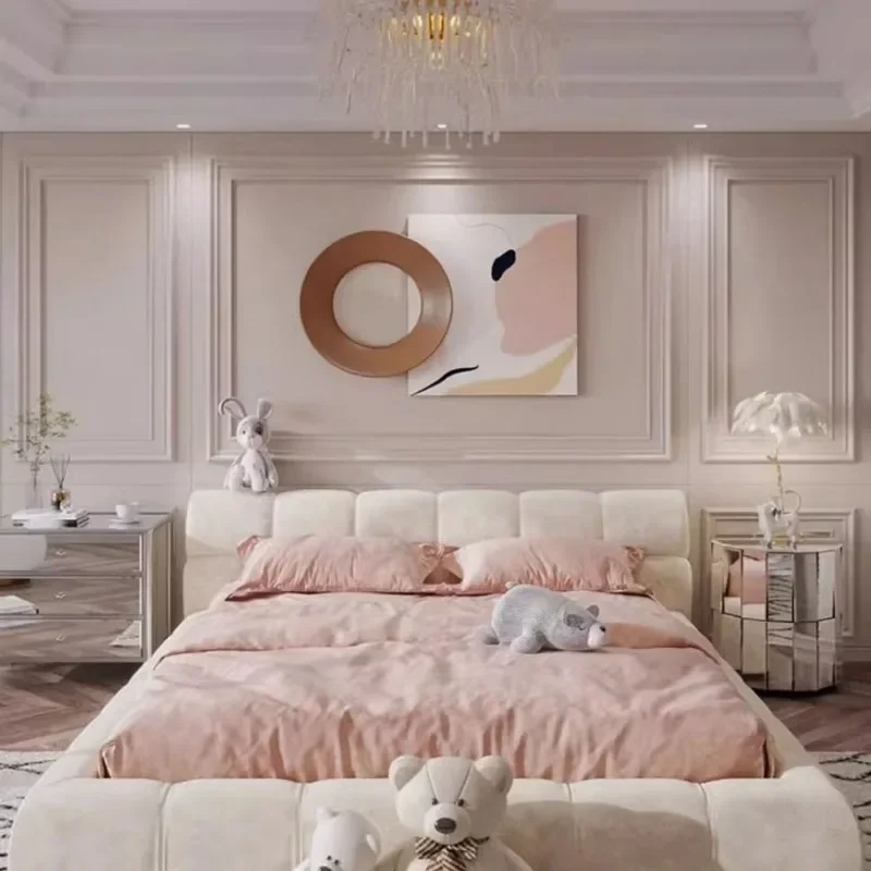 سرير فتاة المشاهير على الإنترنت خفيف فاخر وردي منتفخ كريمي على طراز الأميرة من القماش الناعم حقيبة سرير حديثة وبسيطة لغرفة النوم الرئيسية مزدوجة #3