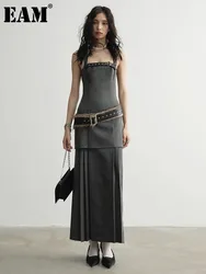 [EAM] Women Geay Leather Hem Pleated Wool Belt Long Elegant Dress New Halter Sleeveless Fashion Tide Spring Autumn 2024 1DH7227