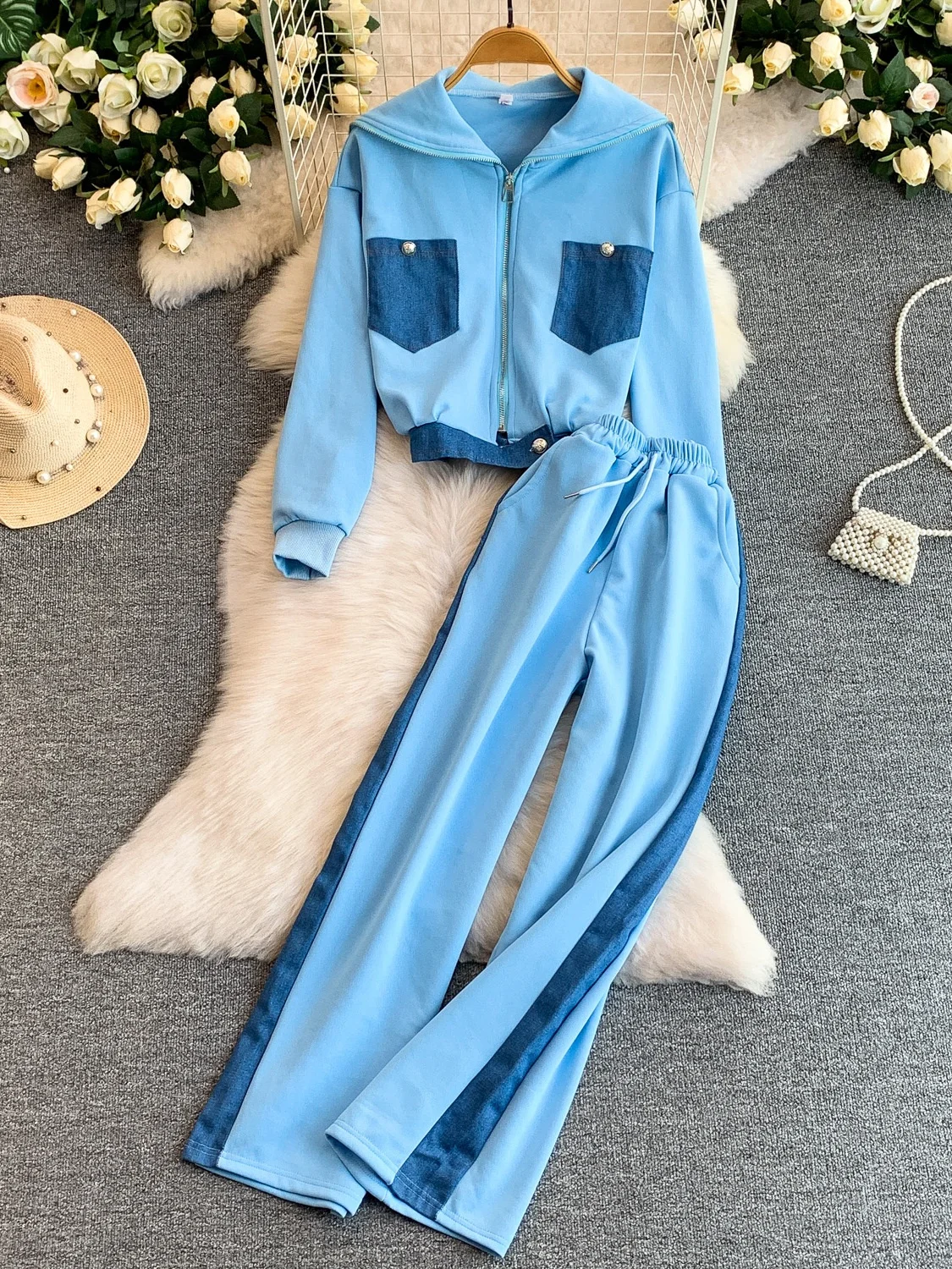 

Faionable Retro Denim Patchwork Zipper Jaet Loose Slimming Wide Leg Pants Two Piece Set for Women Summer Casual Commute