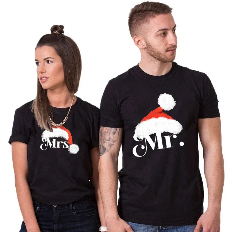 Matching Couples T-shirt Mr and Mrs Claus Santa Hat Tshirt Christmas Lovers Men Women T Shirts  Party Couple's Clothing