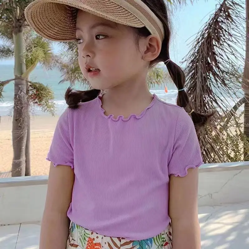 Camiseta de manga corta para niña, camisetas de verano para niños, tela de seda de hielo, camisas de Color sólido para bebé de 1 a 8 años, ropa para