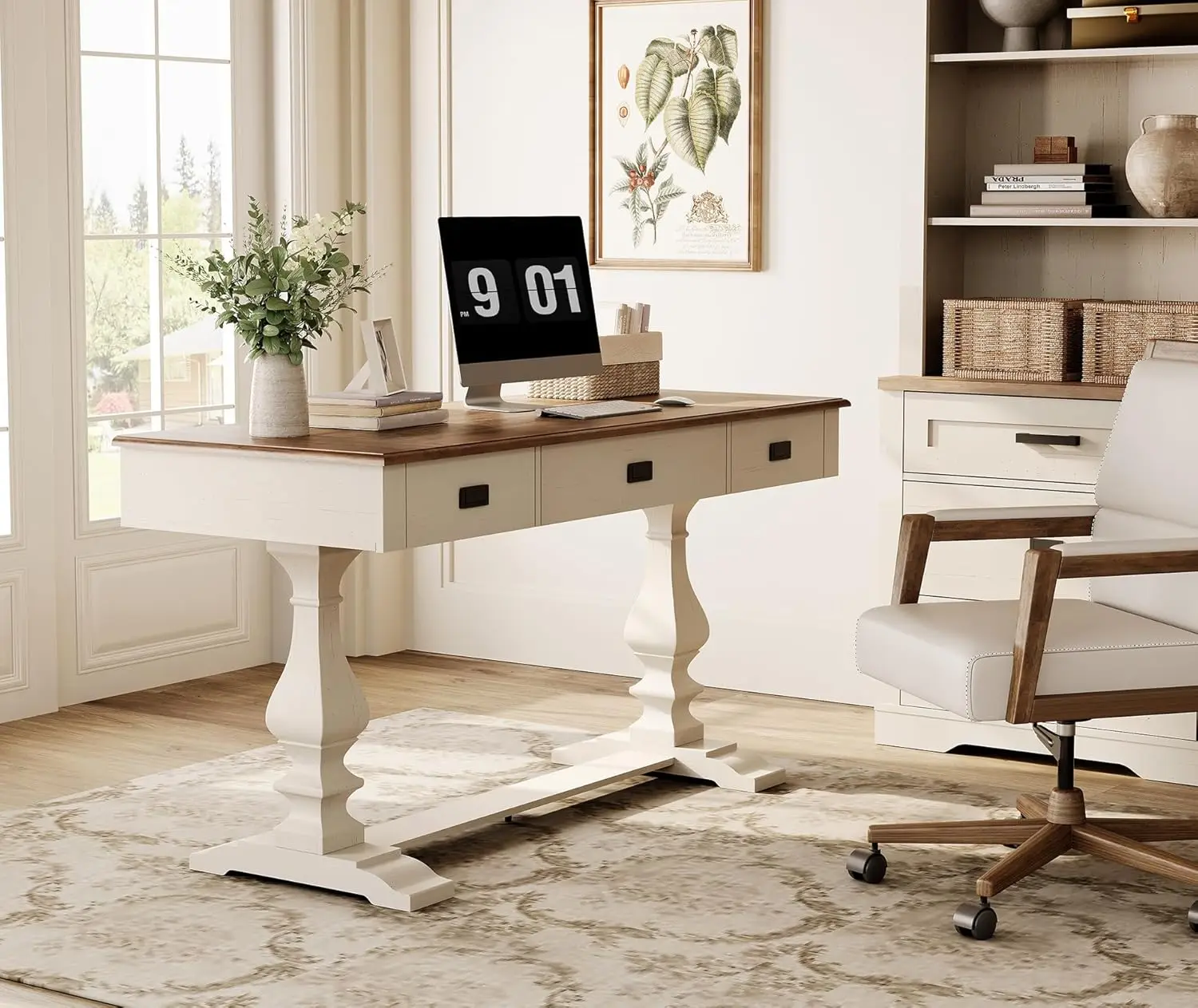 

60-inch Vintage Executive Desk Charging Station T-Style Wood Legs 3 Drawers Ergonomic Edges Home Office Study White, Customized