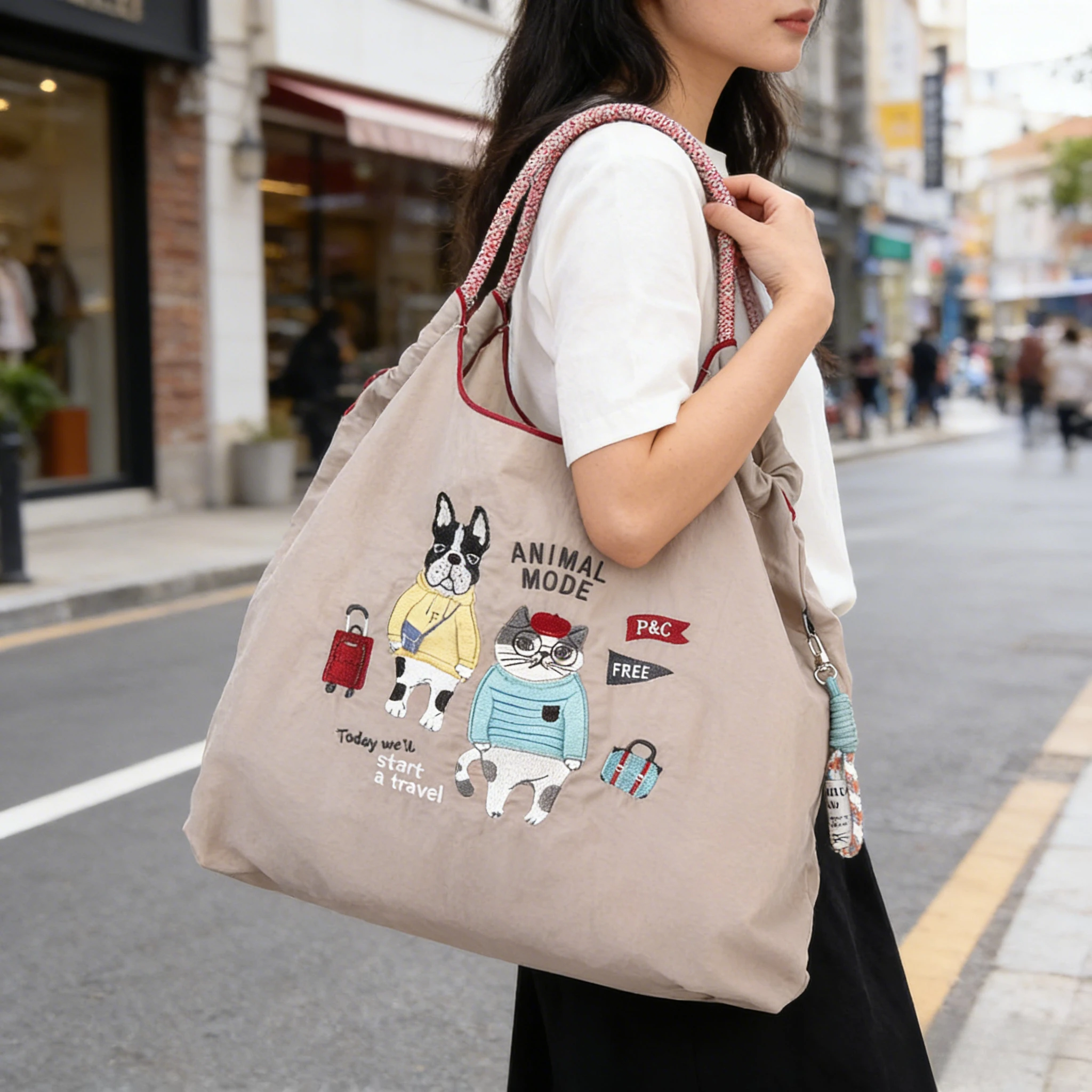 

Модная японская нейлоновая сумка через плечо с вышивкой кошки, повседневная универсальная сумка-тоут, водонепроницаемая, легкая, для покупок, для женщин