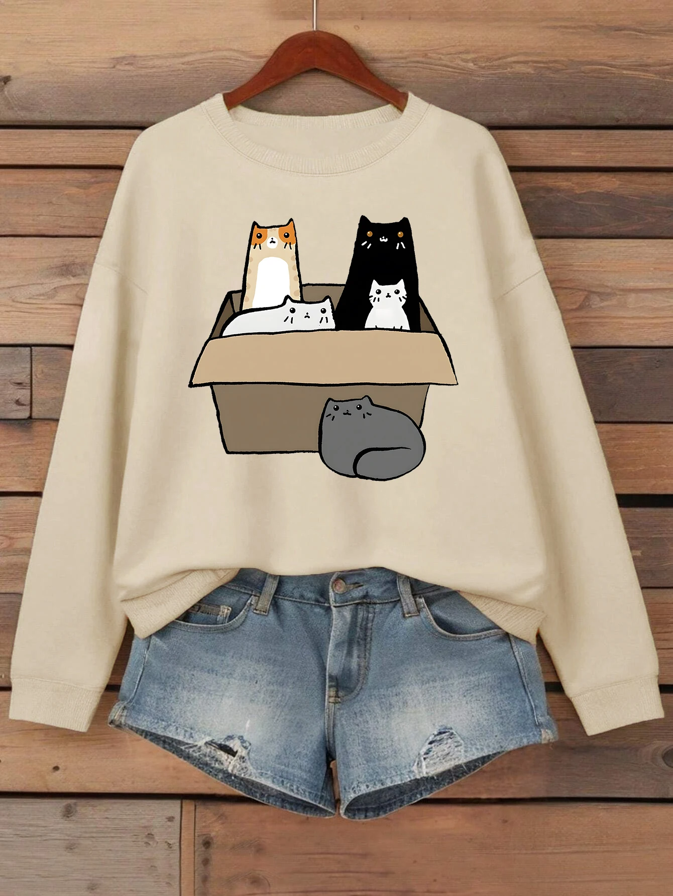 De katten in de kartonnen doos ontwerp vrouwelijk sweatshirt veelkleurig los streetwear ronde hals herfstkleding dames fleece trui