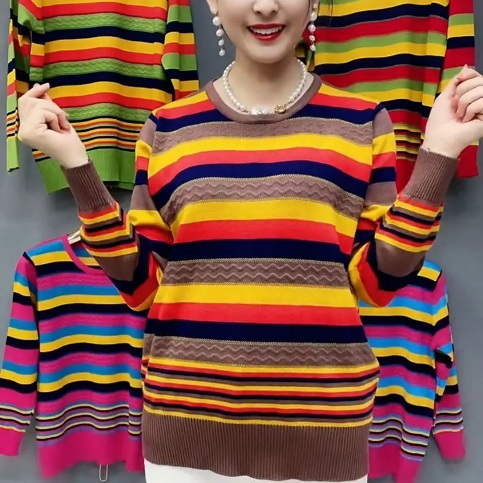 Sweter dzianinowy w paski na wiosnę i jesień, luźny, plus size, długi, cienki, dla kobiet w średnim wieku, dzianinowa bluzka bazowa.