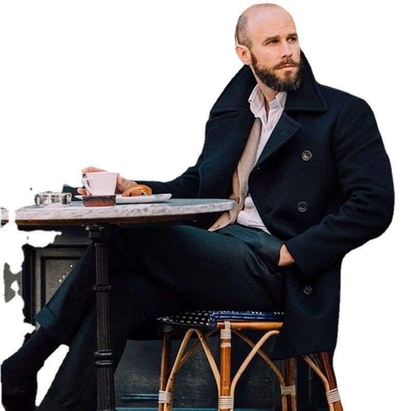 Navy Coat Retro Mens Mid Length Long Sleeved Jacket Autumn and Winter Fabric Jacket