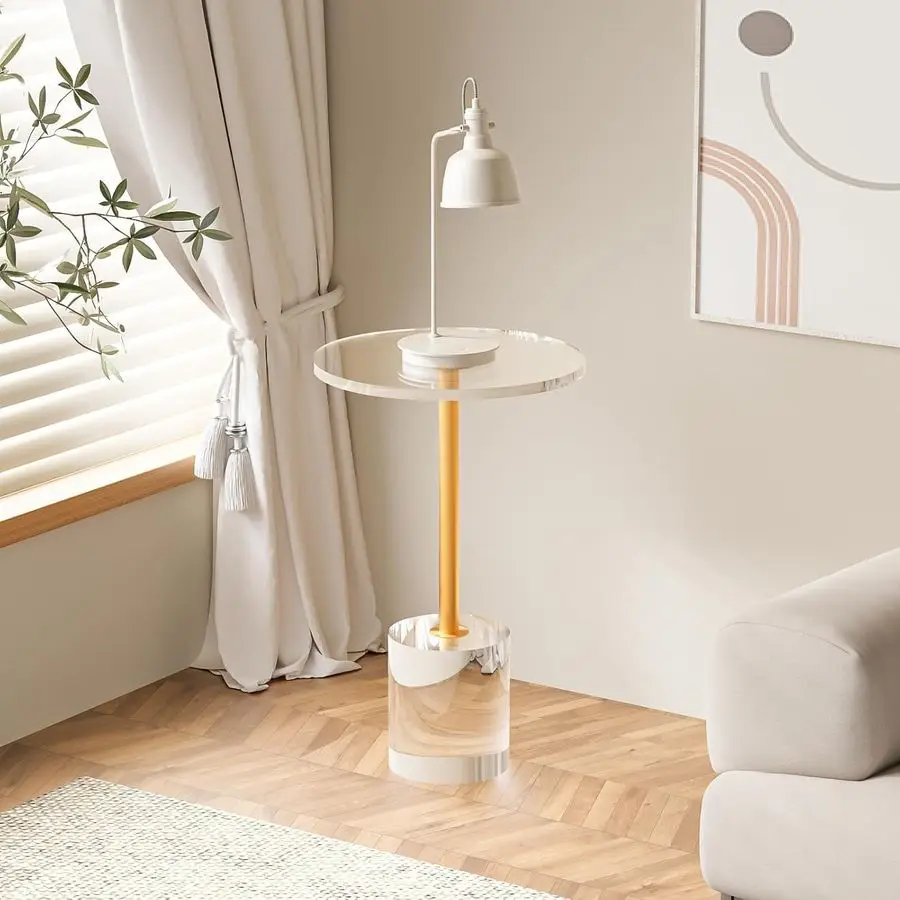 

Acrylic Side Table, Round Modern Drink Table, Small End Table, Brushed Brass Metal, Acrylic Furniture for Office, Living Room an