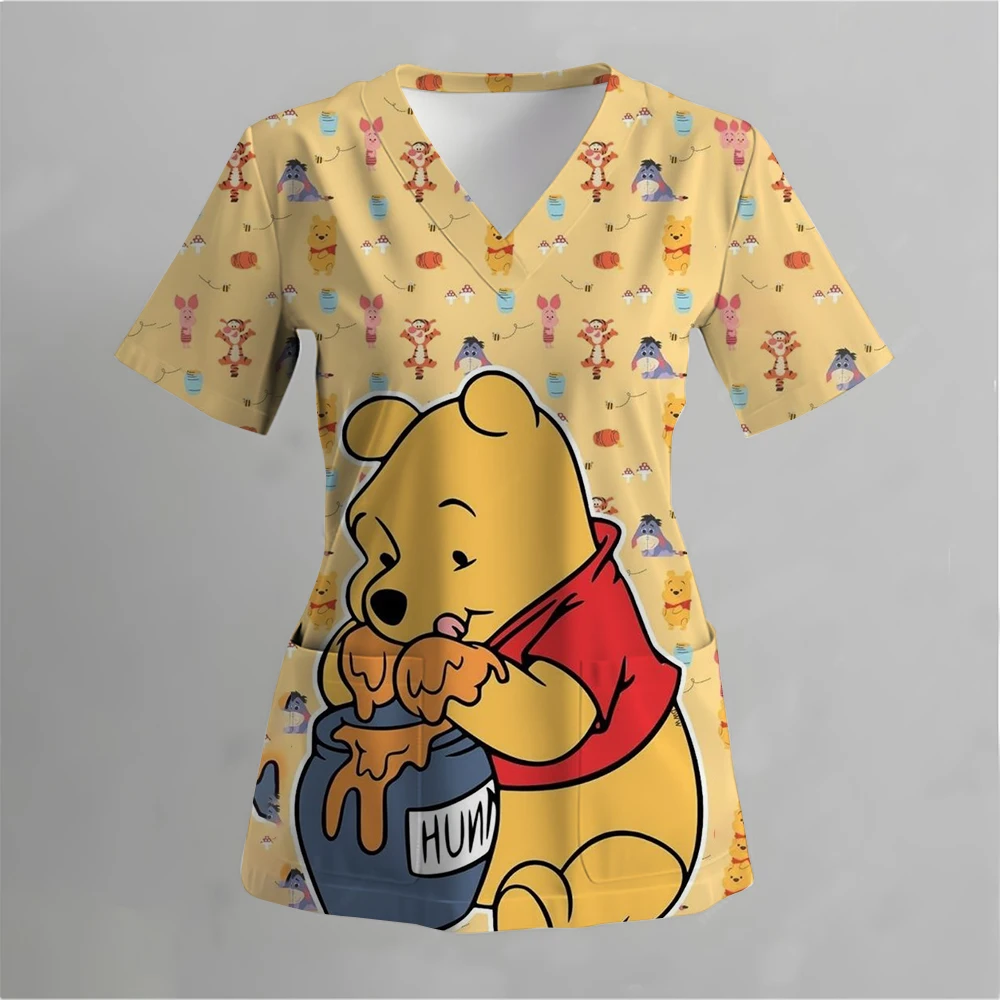 Cartoon Disney Winnie the Pooh Printed Pattern Women's Nurse Uniform V-neck Pocket Kawaii Cute T-shirt Top Simple andFashionable