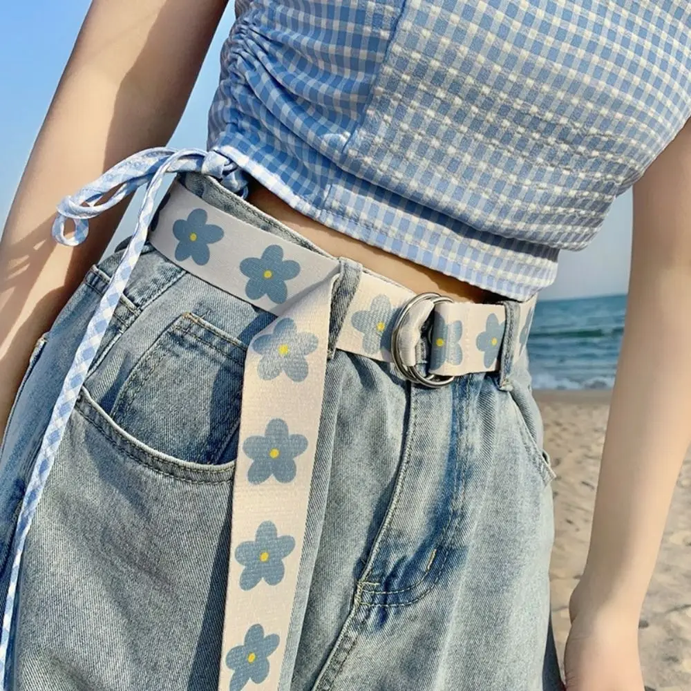 

Fashion Blue Flower Nylon Braided Belt Luxury Trendy Design Versatile Jeans Waistband Weave Waist Band