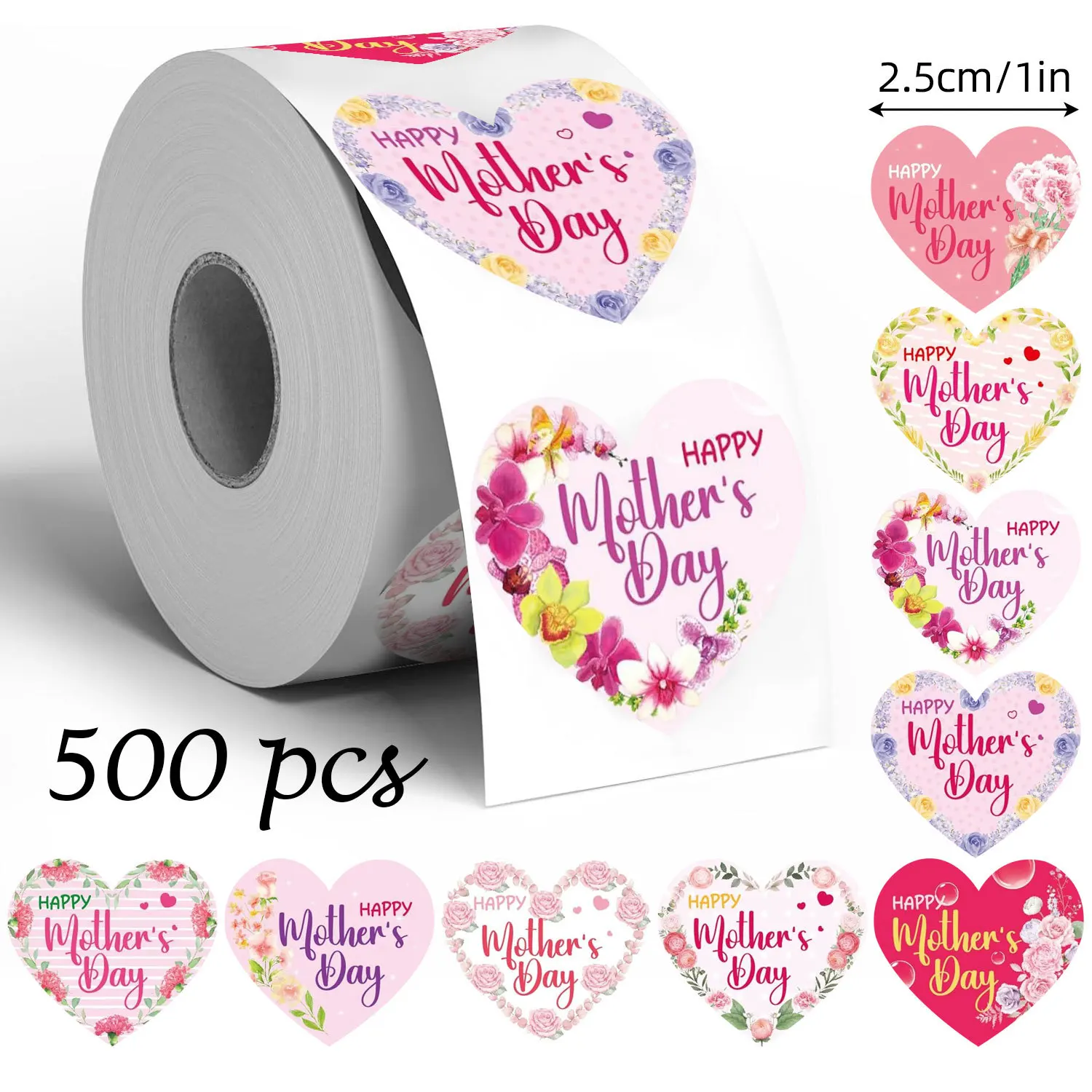 500pcs/roll Happy Mother's Day Stickers 1inch Heart Shaped Floral Sealing Labels Gift Packaging Baking Decorative Stickers