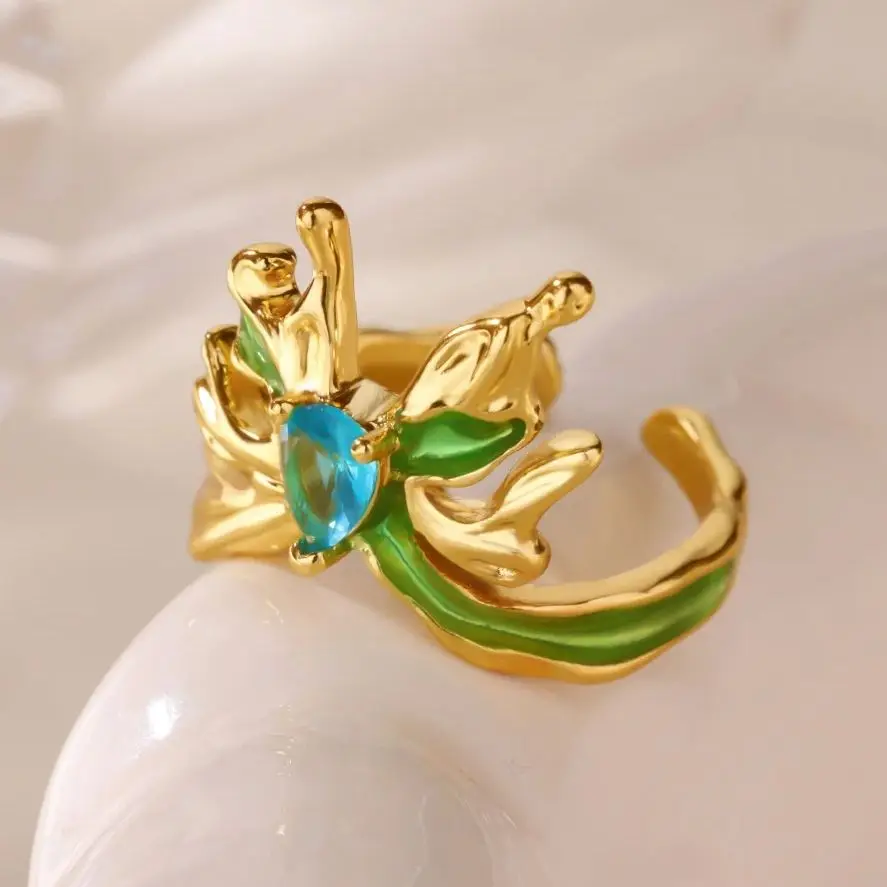 

Zircon Exaggerated Butterfly Rings For Women Gold Color Oil-dripping Butterfly Adjustable Ring Halloween Christmas Jewelry Gift