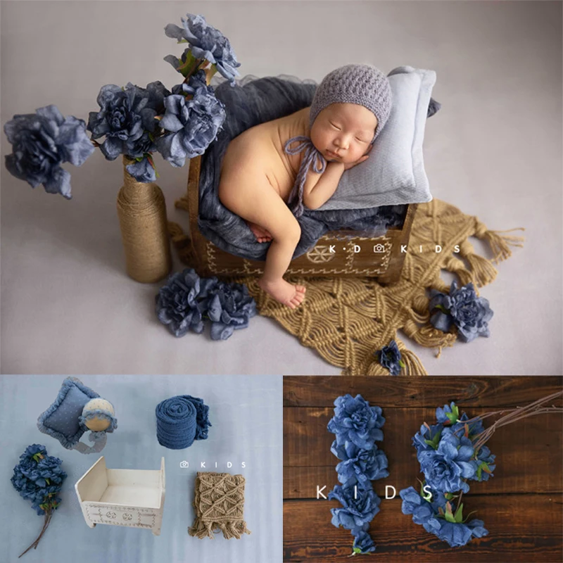 Newborn Photography Props Wrap Hat Pillow 3Pcs/set Baby Posing Prop Bed Posey Mat Blanket Blue Theme Infant Photo Accessories