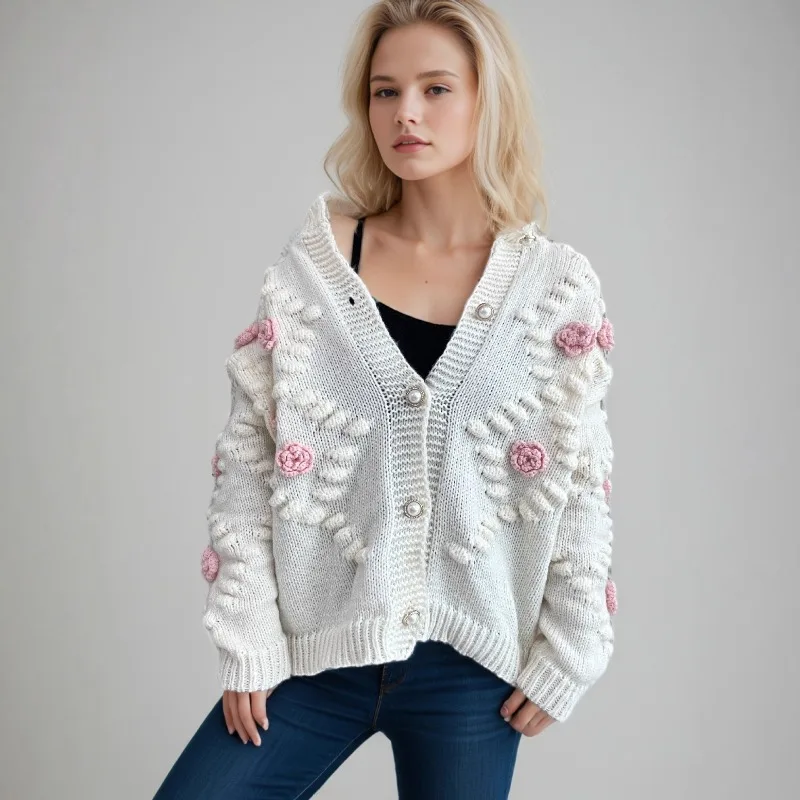 Single Breasted Sweater Jacket O-neck Pink Knitted Coat 3d Flower Decoration Pearl Button 2026 Spring New Overcoat Sweet Elegant