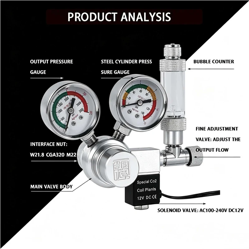 Aquarium CO2 regulator, dual strap solenoid valve, bubble gauge control system, fish tank CO2 pressure reducing valve
