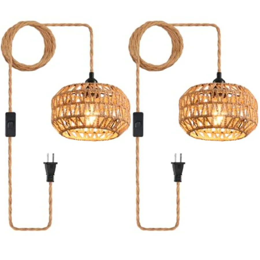 

Plug in Pendant Light, Industrial Hanging Light with Plug in Cord Hemp Rope On/Off Switch Farmhouse, Vintage Hanging Lamps for