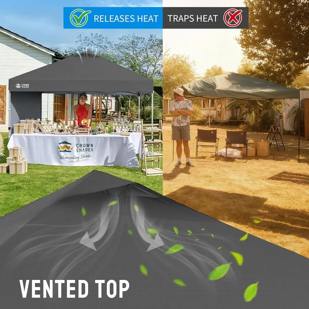 10x10 Instant Beach Tent with One-Touch Setup, Outdoor Sun Shelter for Events, Parties, Camping - Grey Grid Gazebo with Carry Ba