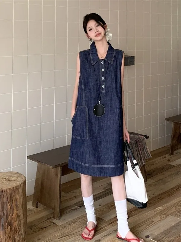 

plus Size Women's Vintage Deep Blue ket Denim Dr Summer New Waist Cinching High-End A-Line Skirt Korean Sle Loose Fit