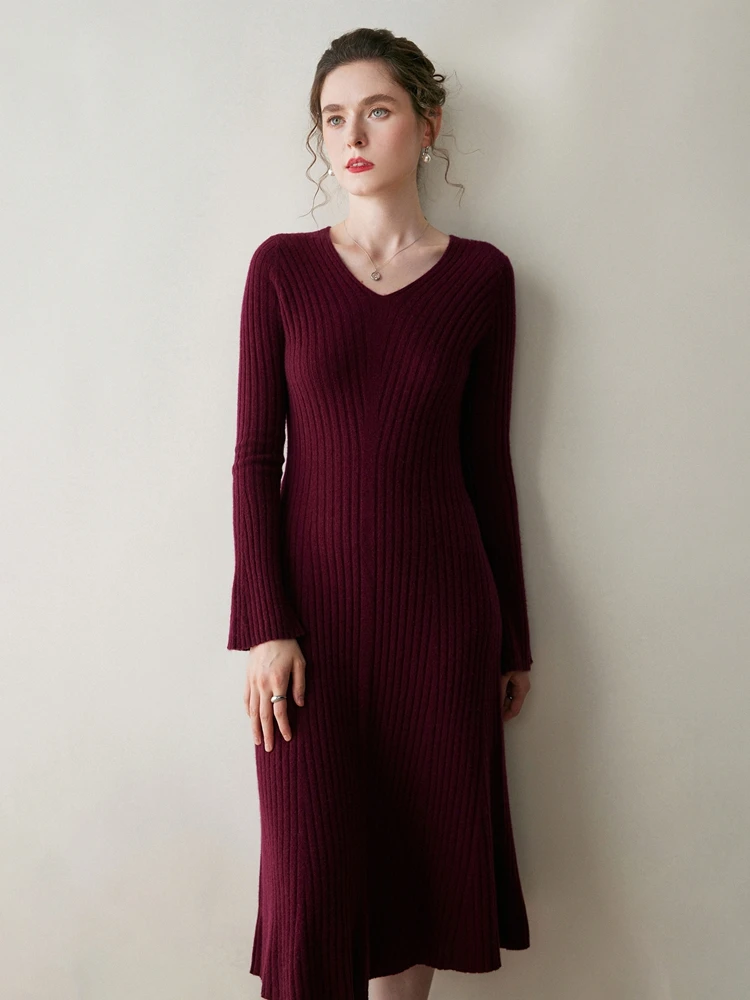 Women‘s 100% Cashmere Pullover Dress Autumn Winter V-neck Slim Fit Knee-Length Skirt Knit Flare Sleeves Intellectually Generous