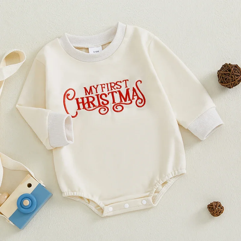 Baby Christmas Bubble Romper Letter Embroidery Long Sleeve Sweatshirt Jumpsuit for Newborn Boys Girls Xmas Clothes