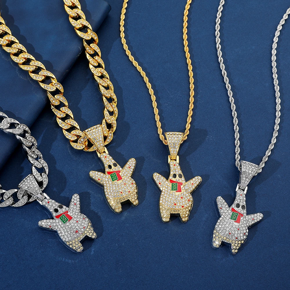 

Cartoon Figure Patrick Star Full Zircon Pendant Men Hipster Pendant Necklace Zircon Men Hip Hop Rock Jewelry