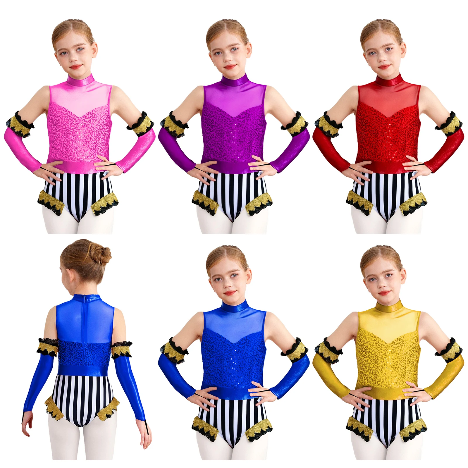 Kostum Pemimpin Sirkus Anak Perempuan Leotard Cosplay Halloween Berdandan Payet Leher Tiruan Jumpsuit Tanpa Lengan dengan Lengan Atas