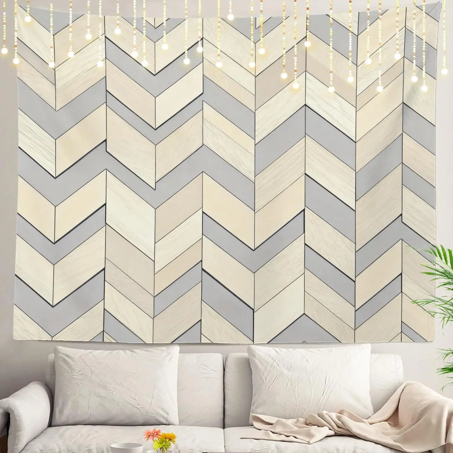 Modern Geometric Chevron Tapestry Wall Hanging Luxury Boho Beige Grey Neutral Scandinavian Decor 180x230cm