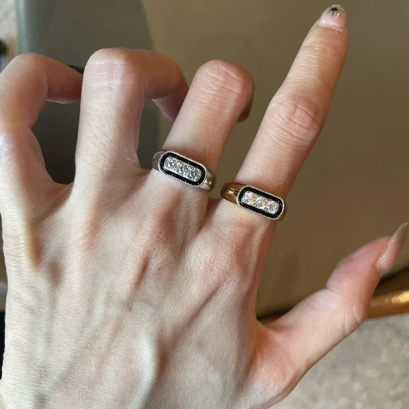 Light luxury retro black enamel edging ring layered style silver 925 inlaid crystal rings for women creative fashion jewelry