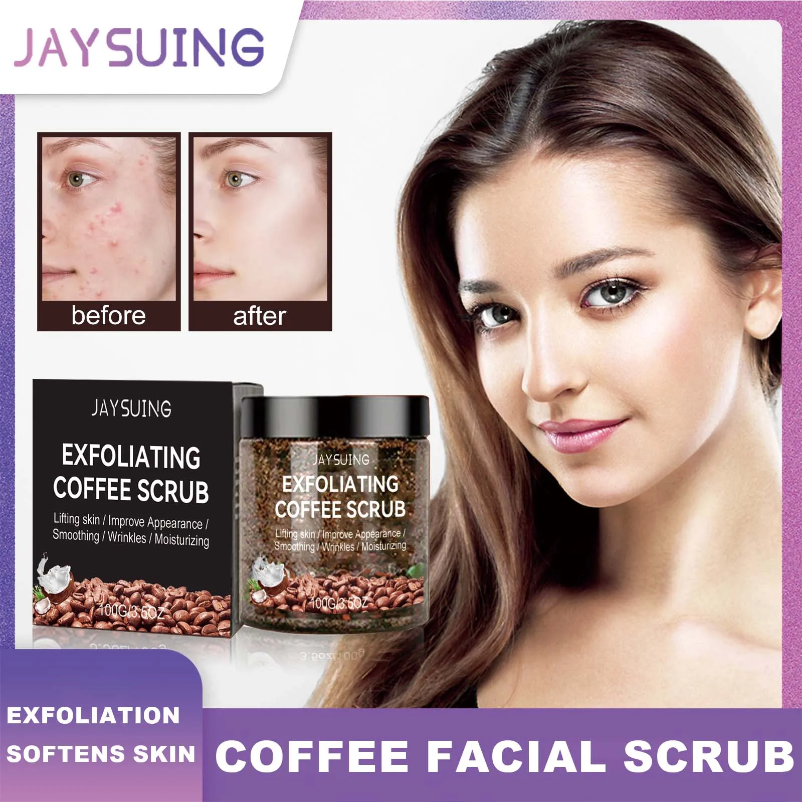 

Jaysuing Кофейный скраб для лица Полностью натуральный отшелушивающий очищающий увлажняющий крем для лица Питательный восстанавливающий уход за грубой кожей Нежный