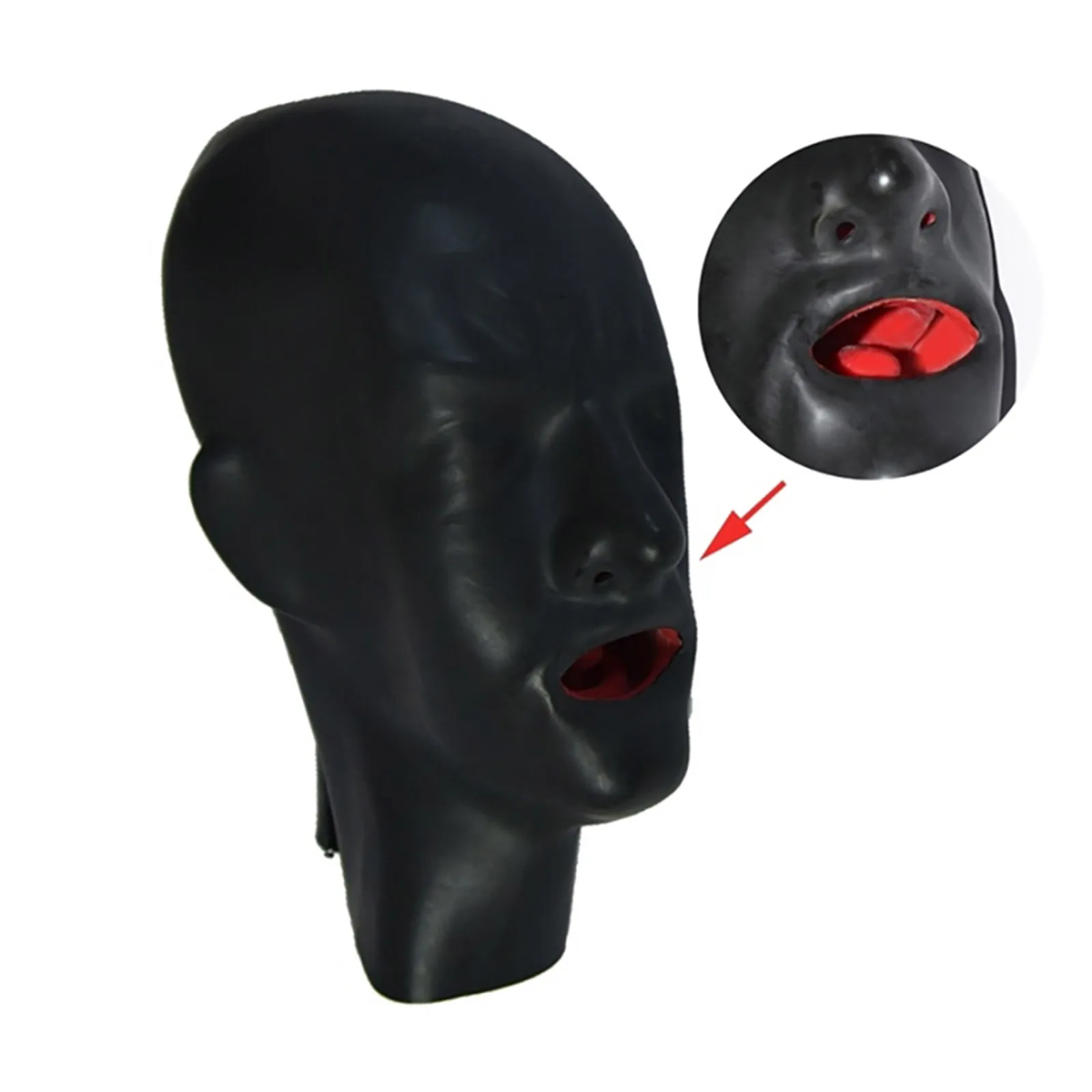 

MONNIK 3D Latex Mask Rubber Hood Close Eyes Fetish Hood with Red Mouth Sheath Tongue Nose Tubes for Bodysuit Cosplay Party