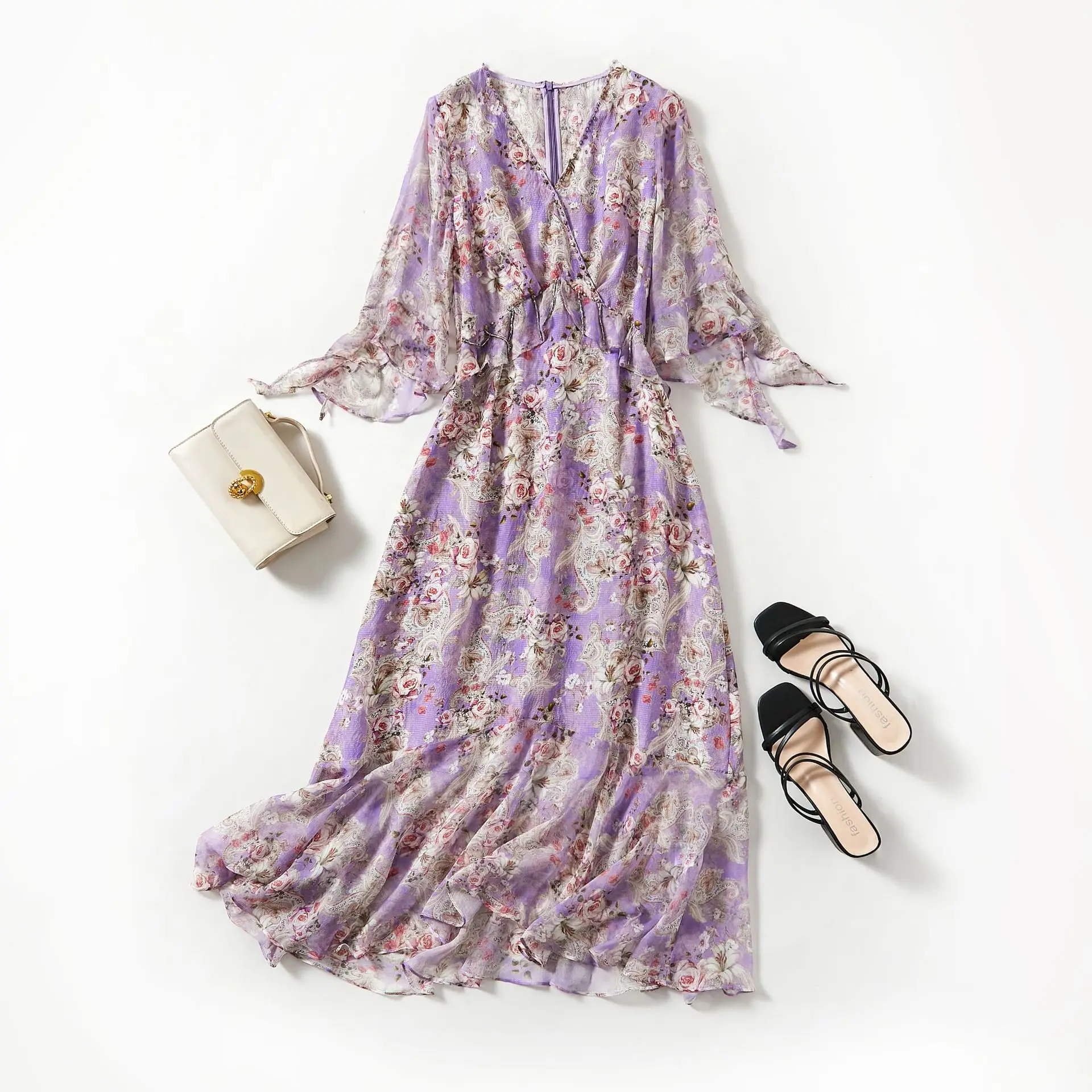 

Summer dress V-neck for women, flying sleeve, slim waist, bodycon dress, floral printing, mulberry silk, beach dress, 81007