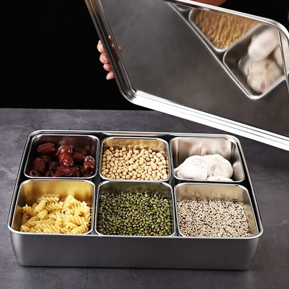 6 Grid Compartments Masala Dabba Spice Container Stainless Steel With Lid And Holder Tray Condiment Storage Container