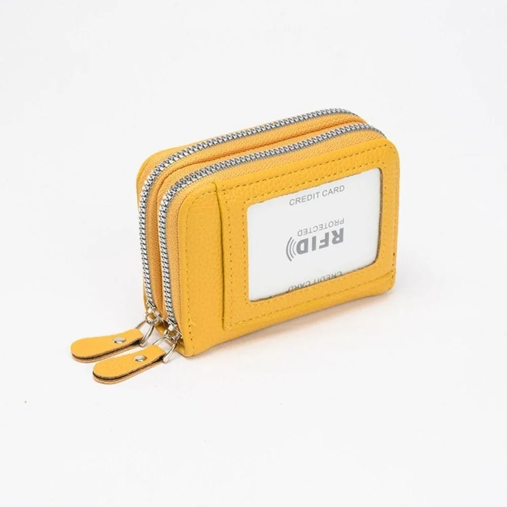 Simple Multi-Functional Organ Card Bag RFID PU Leather Double Zipper Coin Pouch Solid Color Multi Card Slot Short Wallet Girl