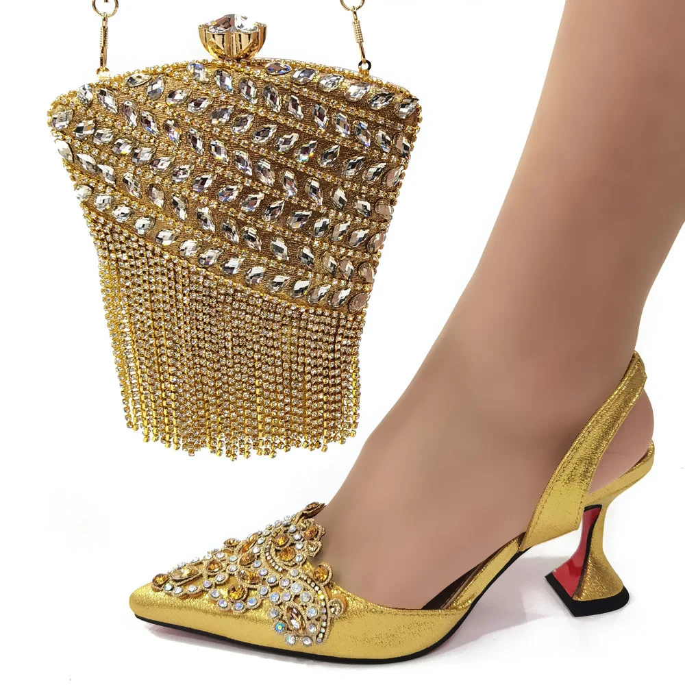 

Gold Woman Shoes And Bag Set Luxury Ladies Stones Pumps Match With Handbag Sandals Clutch Purse Escarpins Femme Sandales CR949