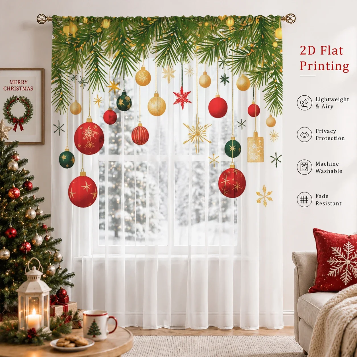 Christmas Gradient Sheer Curtain, Good Quality Light Reducing Privacy Voile for Living/Bedroom/Kids Room,Mother's Day Gift - view 3